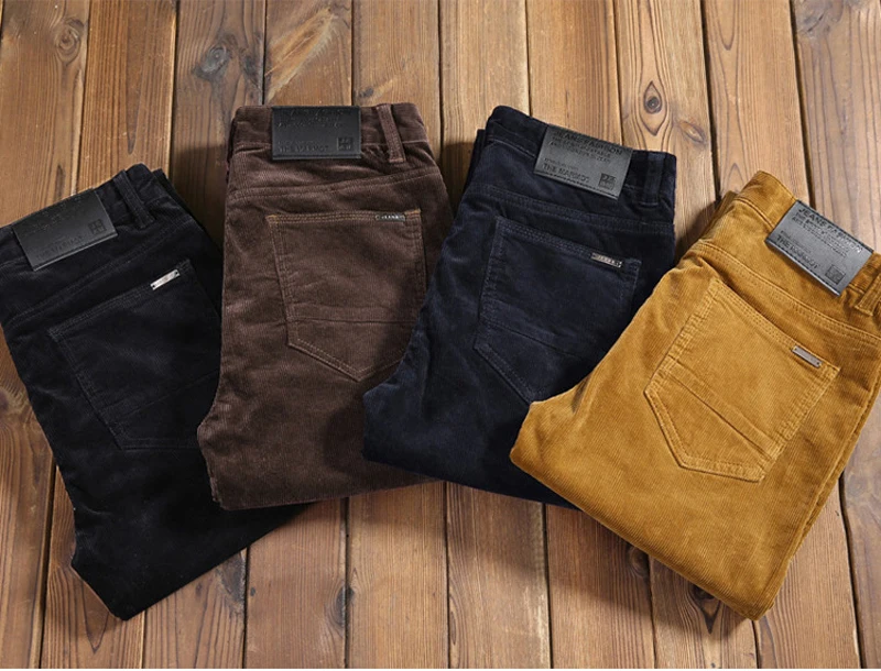 Модные осенне-зимние джинсы для мужчин, повседневные, Бизнес Стиль, классические, длинные штаны, Hombre, вельветовые, теплые брюки, облегающие, плотные, Pantalon