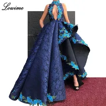 Темно-синие вечерние кружевные платья с высокой горловиной без рукавов Асимметричные мусульманские Вечерние платья с аппликацией