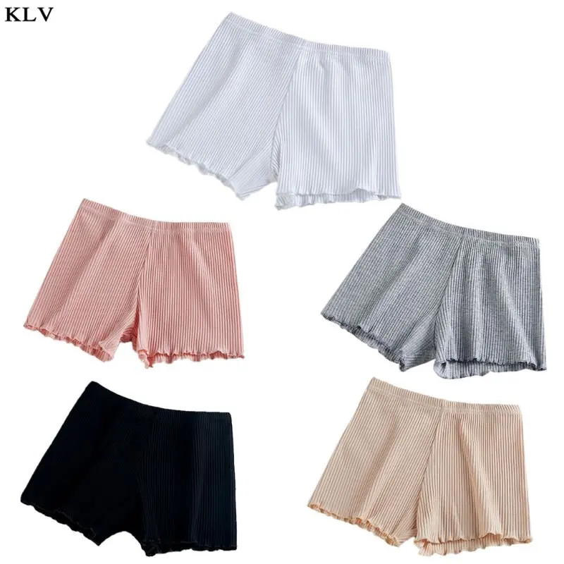 

Ladies Women Summer Safety Pants Thread Ribbed Striped Seamless Stretchy Underpants Solid Color Ruffled Agaric Hem Boxer Shorts