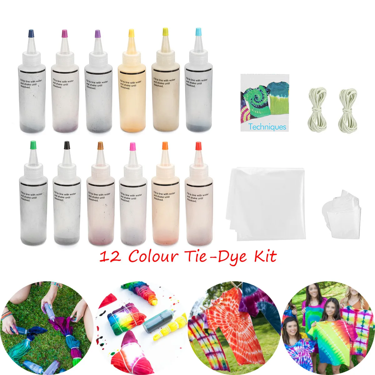 

Overvalue 12Pcs One Step Tie Dye Kit Activated Dye +40Pcs Rubber Bands +4 Pairs Vinyl Gloves for Clothing DIY Painting Art Tool