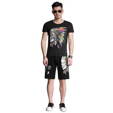 Летняя футболка, Короткие комплекты, футболка с коротким рукавом, комплект из 2 предметов с черепами, толстовка с принтом цветов, мужская повседневная футболка, спортивные костюмы с короткими рукавами