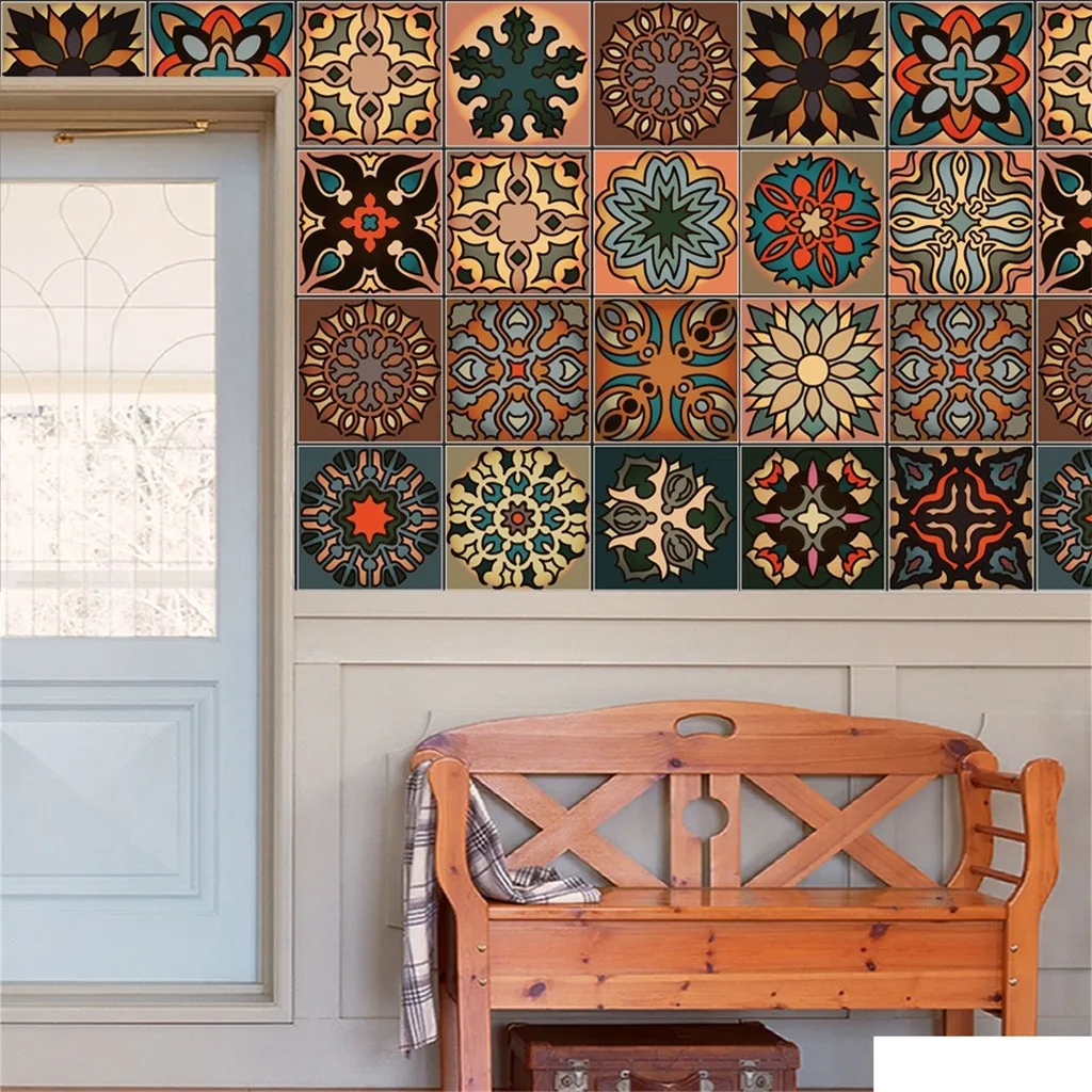 

New Vintage Moroccan Style Tiles Stickers PVC Waterproof Self adhesive Wall Stickers Kitchen Bathroom Tile Sticker Decoration