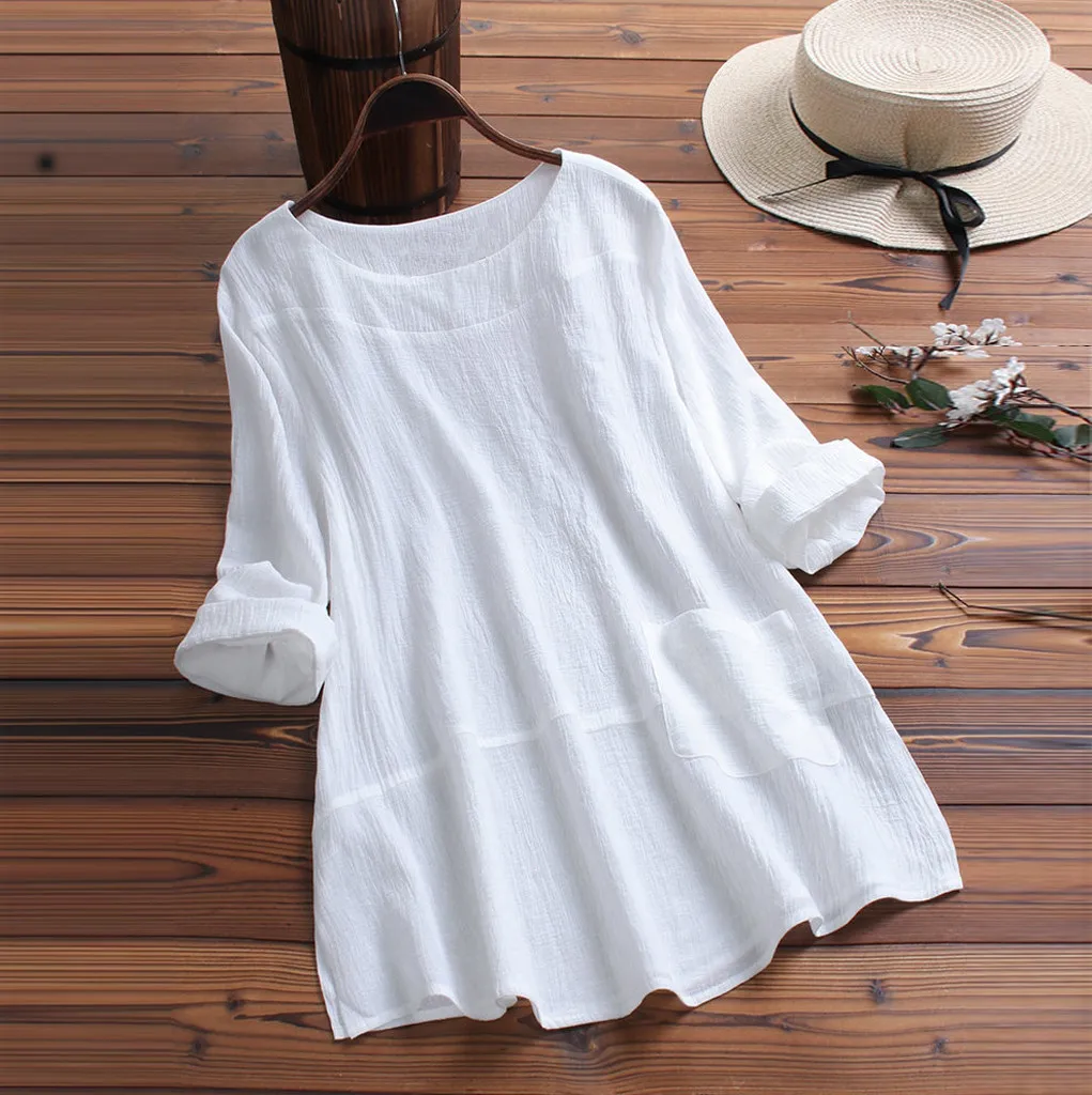 

Feitong Blouse Women Casual Solid O-Neck Pockets Long Sleeve Linen Top Shirt Blouse Camisas Mujer Women Blouses Dames Shirt