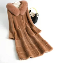 Натуральное меховое пальто из лисьего меха с капюшоном из овчины шерстяное пальто осенне-зимняя куртка женская одежда корейские замшевые подкладки ZT1431