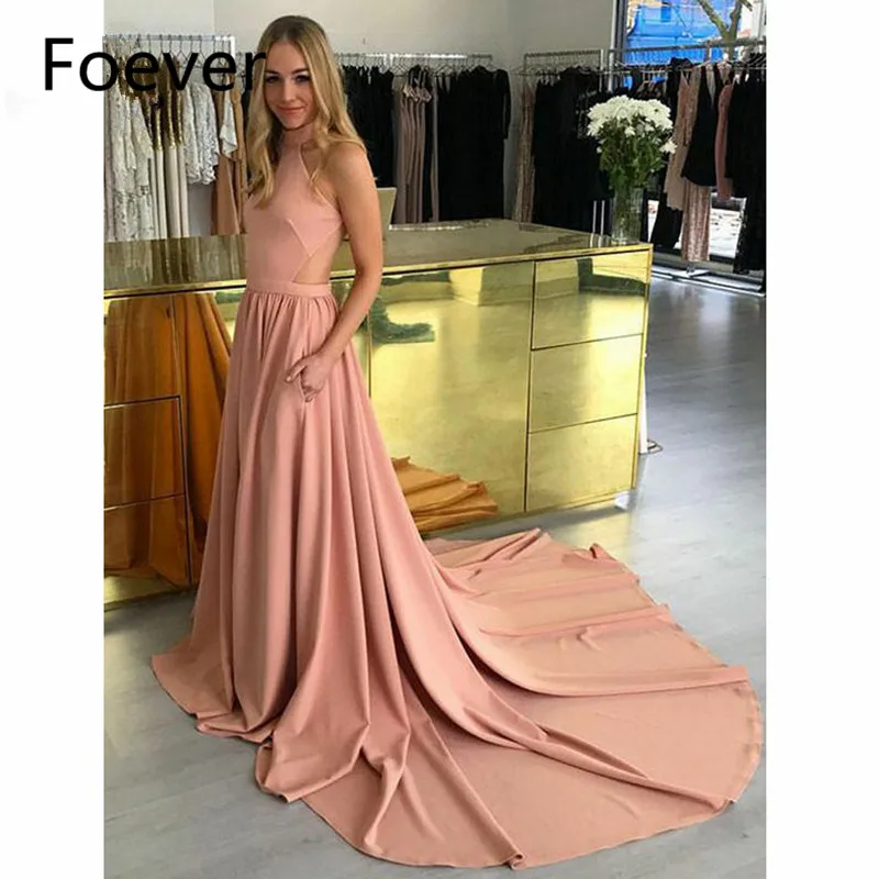 

Elegant 2019 Nude Pink Prom Dresses Long with Pockets Ruched A-Line Elastic Satin Backless Formal Women's Evening Dress