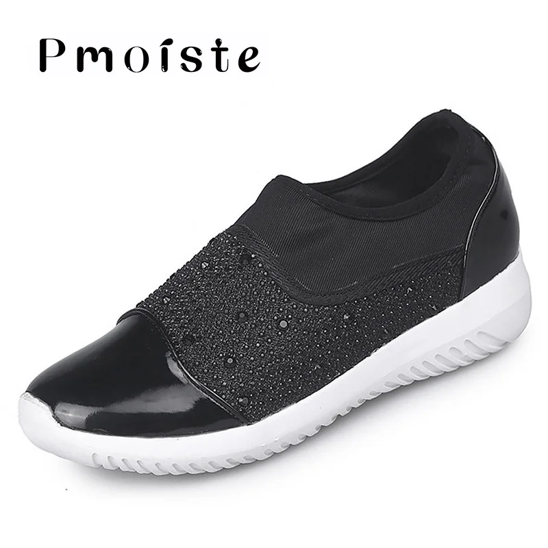 Женские кроссовки с кристаллами; большие размеры 5,5-12; модная Вулканизированная обувь для женщин; удобные нескользящие женские кроссовки - Цвет: Black