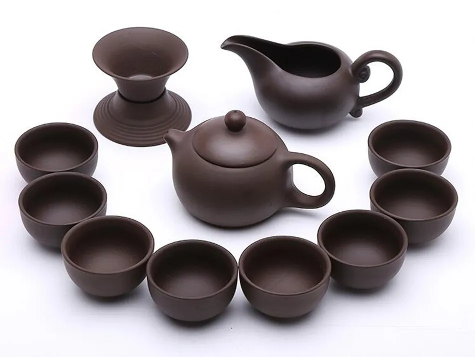 11pc Yixing Purple Sand Tea Set Black Ceramic Kung Fu Teapot Handmade