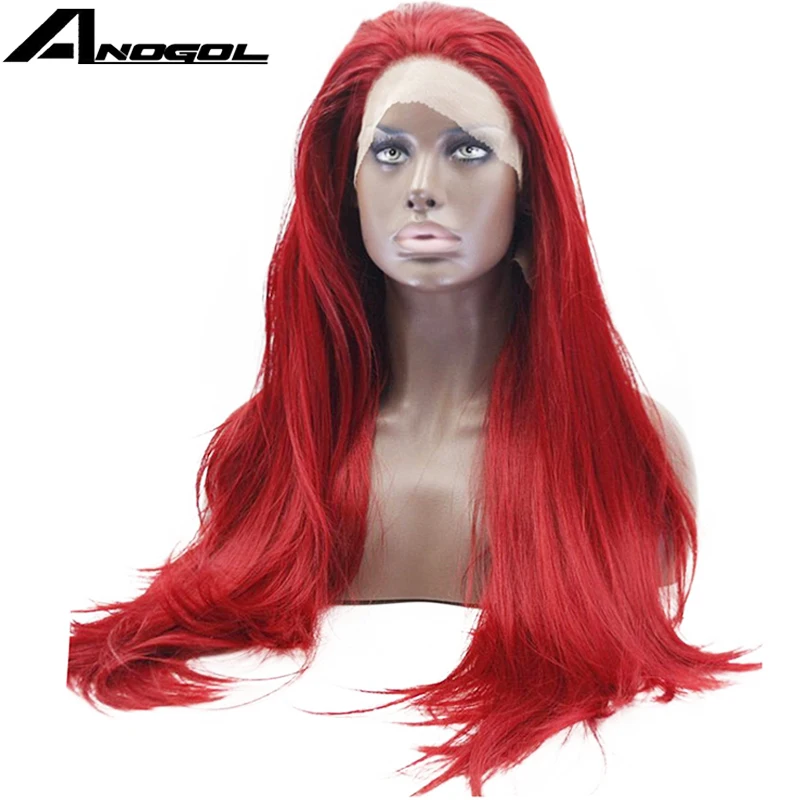 Anogol Handmade Synthetic Lace Front Wig Guleless Long Straight Red Peruca Laco Sintetico Heat Resistant Natural Fully Hair Wigs