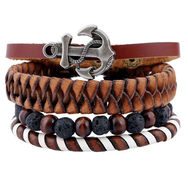 4pcs 1 Set Punk Genuine Wrap Leather Bracelets Men For Women Charm Anchor Wooden Beads Bracelets