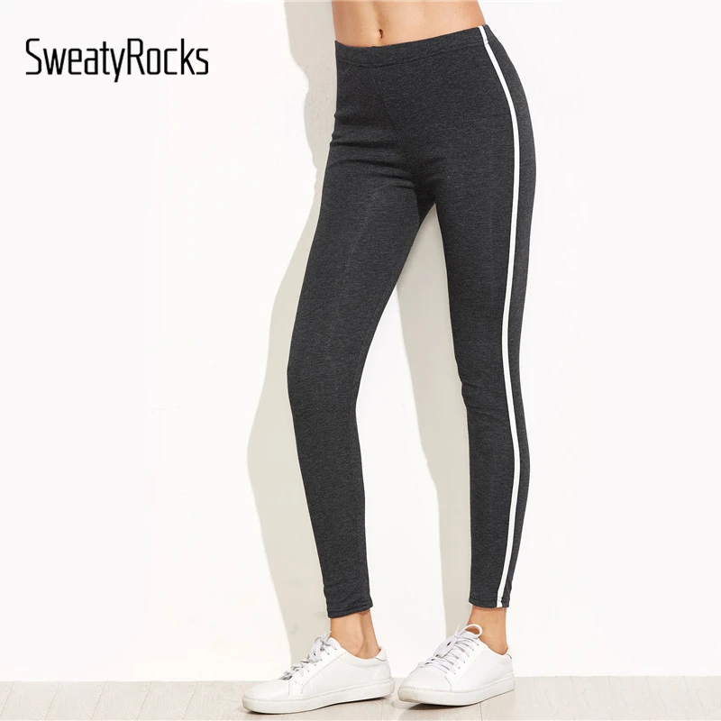 SweatyRocks, темно-серые полосатые леггинсы, женские, средняя талия, для фитнеса, упражнений, леггинсы, эластичные, леггинсы для женщин