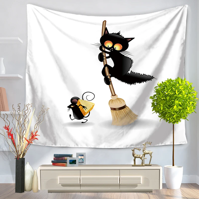 Indian Black cat Printing Tapestry Wall Hanging Blanket ...