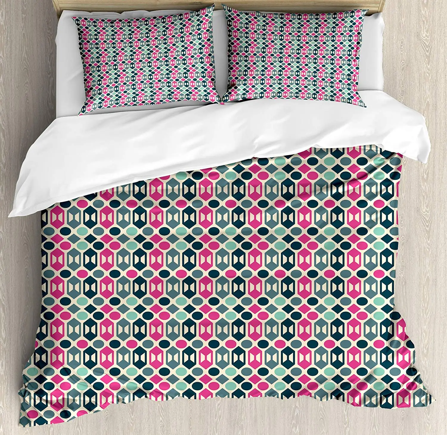 

Novelty Duvet Cover Set Retro 60s Home Design Inspired Geometrical Shapes and Dots, Decorative 3 Piece Bedding Set