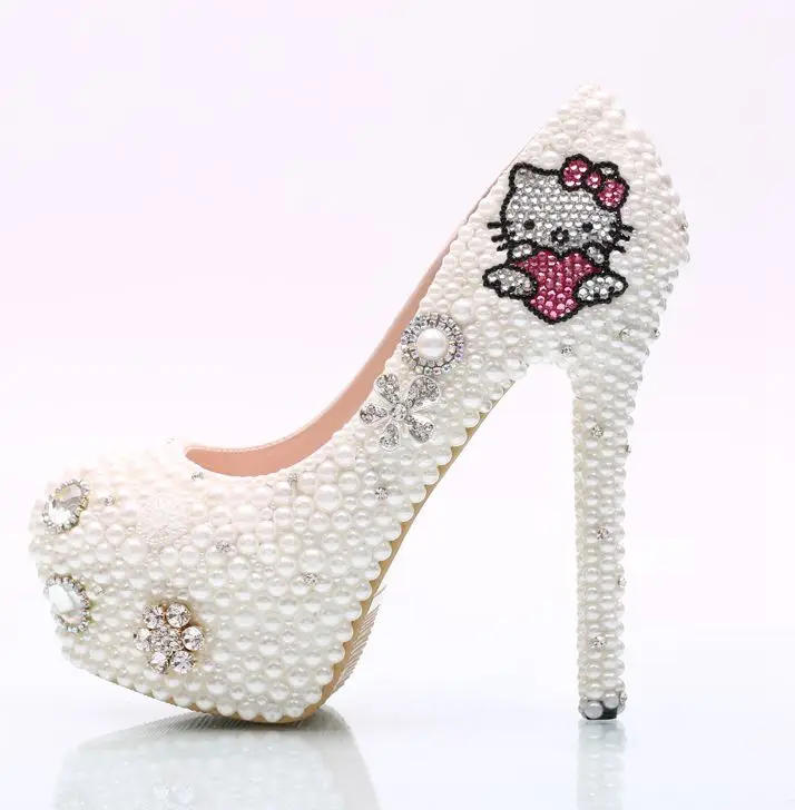 

Plus size white wedding shoes woman super high heels platforms round toes cartoon collection sweet design ladies party shoe