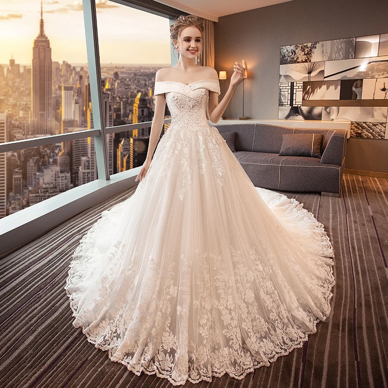 Fansmile роскошное свадебное платье с длинным шлейфом Vestido De Noiva, кружевное свадебное платье, подгонянное по индивидуальному заказу размера плюс, свадебные платья, свадебное платье FSM-491T