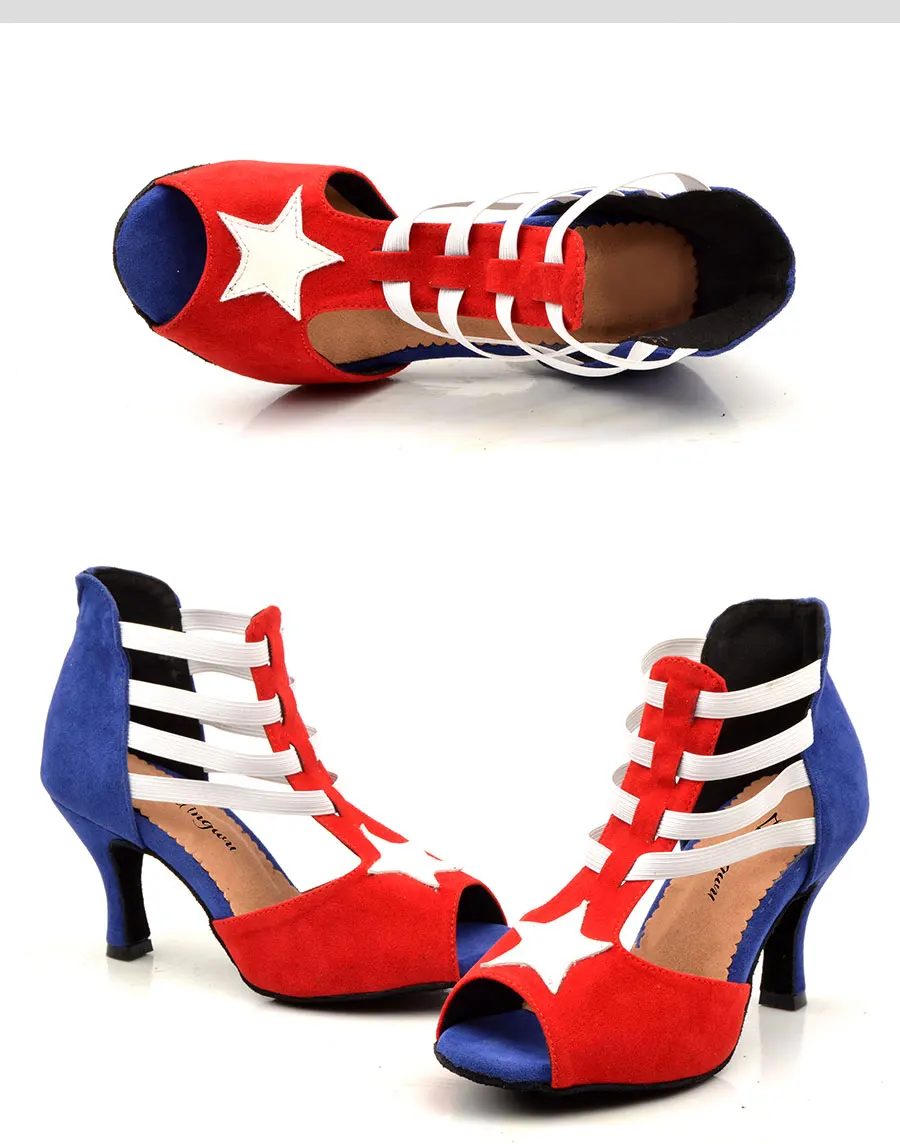 Ladingwu/туфли для латинских танцев; женские замшевые туфли красного, синего и белого цвета на высоком тонком каблуке 7,5 см; Бальные Танцевальные Туфли для сальсы