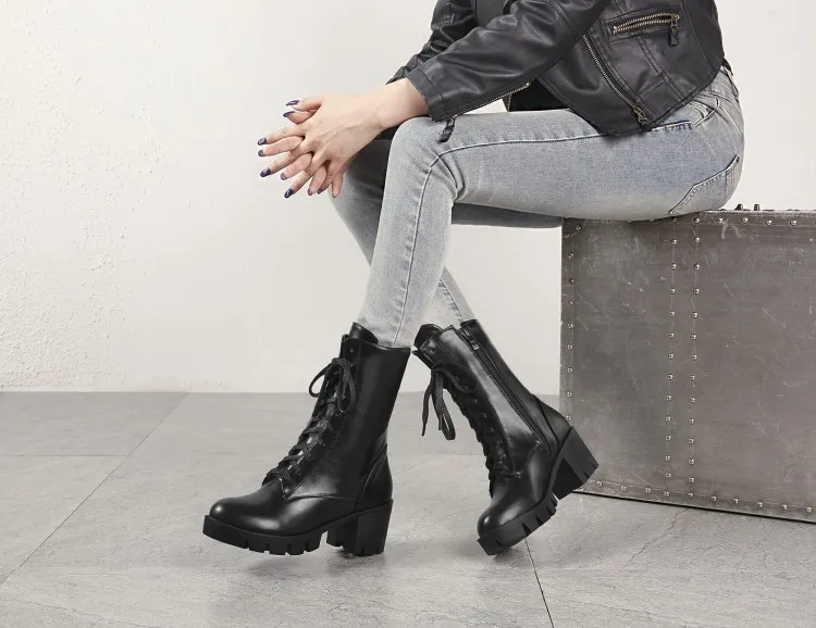 Женские ботинки Осень-зима, высокий каблук, теплые, на молнии, платформа, до середины икры, круглый носок, ботинки на шнуровке г. Pu искусственная кожа, новая мода, черный цвет, большой размер 34-46