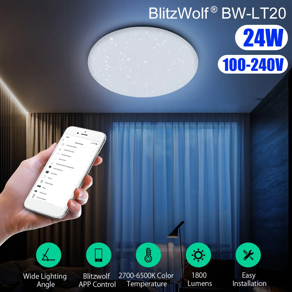 Blitzwolf BW-LT20 24 Вт AC100-240V 2700-6500 к умный светодиодный ночной потолочный свет WiFi приложение управление работа с Amazon-Echo для Google Home