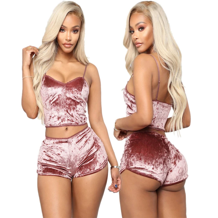 Fashion Women 2pcs Velvet Sleepwear Sexy Spaghetti Strap Velvet Shorts Pajama Set Ladies Sleepwear female Pajama Party Set