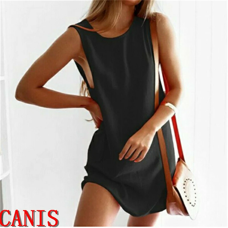 

2019 New Fashion Women Summer T-shirt Tops Solid Color Sleeveless Ladies Round Neck Long Tops Casual Loose Sunsuit T-shirt