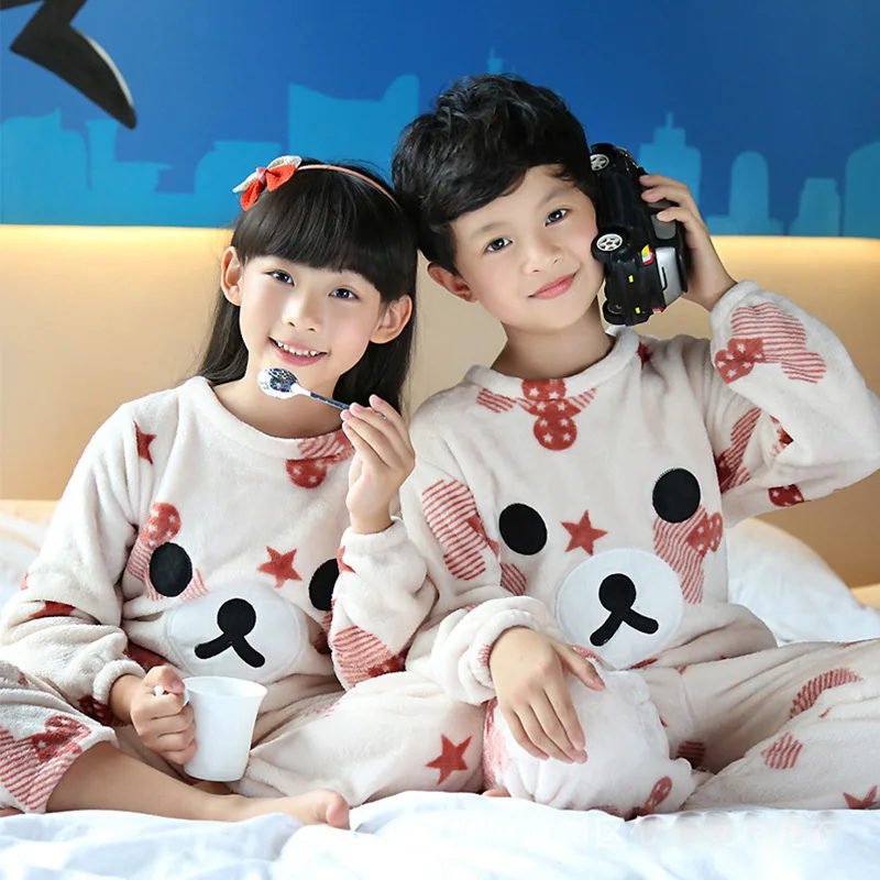 Зимние фланелевые пижамные костюмы для мальчиков и девочек, 23 стиля комплекты детской одежды для сна с милым рисунком домашние пижамы с длинными рукавами и принтом - Цвет: Biscuit Bear