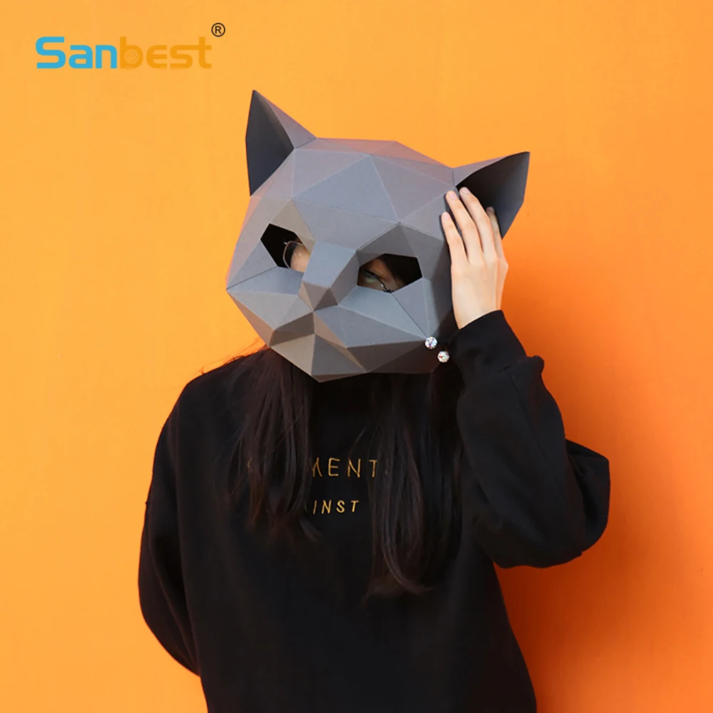 

Sanbest DIY Cat Paper Helmet Masquerade Mask Low Poly Paper Crafts Adult Cosplay Party Friend Animal Solid 3D Model Puzzle Toy