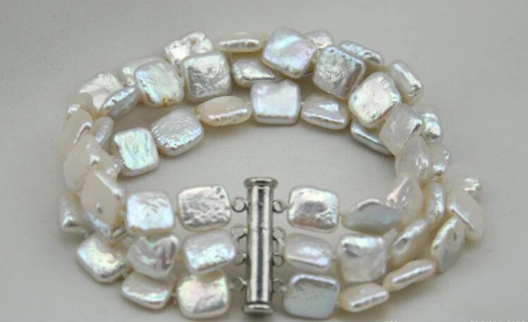 

0553 3strands 8" square white freshwater pearl bracelet