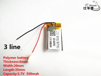 

5pcs/lot 3 line Good Qulity 3.7V,500mAH,602035 Polymer lithium ion / Li-ion battery for TOY,POWER BANK,GPS,mp3,mp4