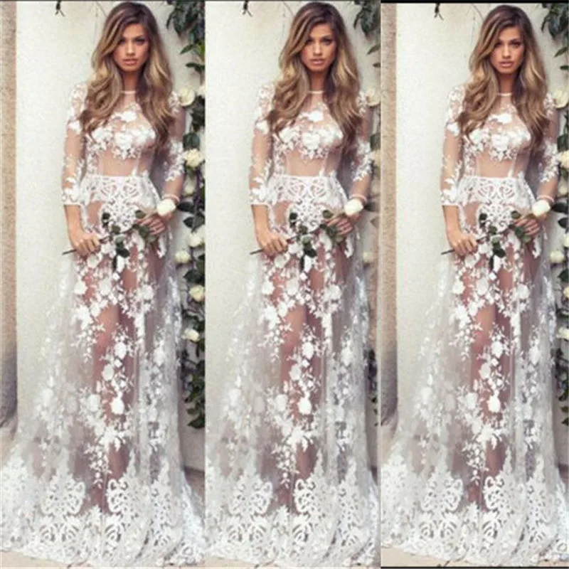 

Summer Womens Floral Lace Hollow Out Maxi Dress Long Sleeve Evening Party Pageant Beach Holiday Elegant Sundress S M L XL