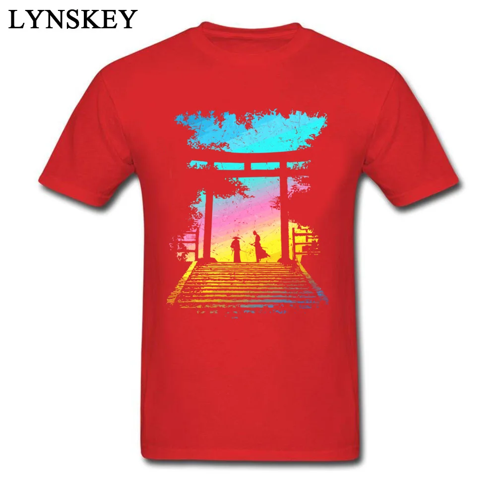 Men Tops Shirt Brand New Birthday T-Shirt 100% Cotton Round Neck Short Sleeve Normal Group Tee Shirt Top Quality Wholesale Two Samurai Ronin Ready to fight by Sunrise at the Torii gate red