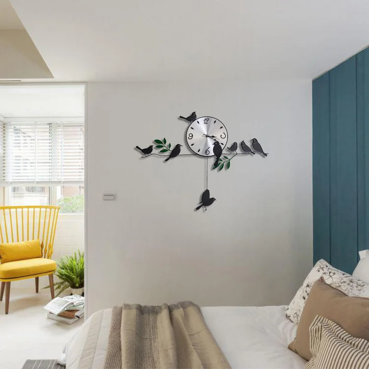 Hierro pájaros péndulo silencioso cuarzo relojes 3D Reloj de pared para la decoración del hogar Hogard Hierro pájaros péndulo silencioso cuarzo relojes 3D Reloj de pared para la decoración del hogar Hogard