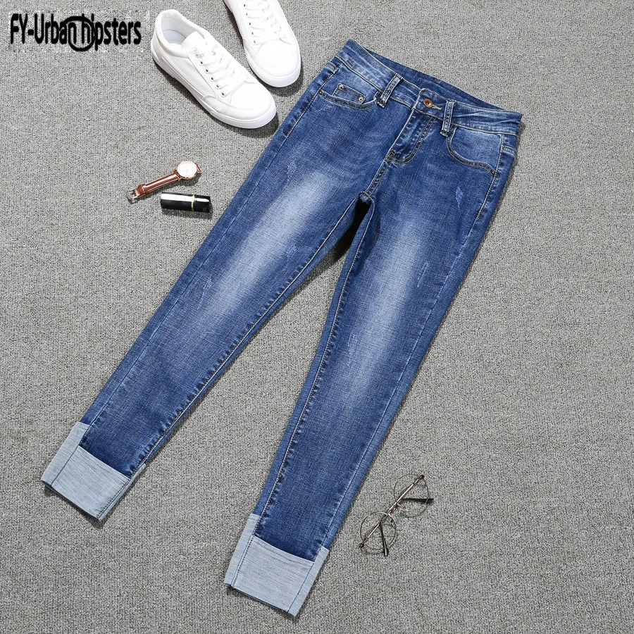 

cuff jeans women Nine pants Korean casual mid waist calça jeans feminina ripped denim stretch elastic jeans woman plus size 4XL