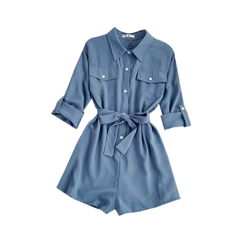 

Random Elegant sashes Smart Casual women playsuit Summer pockets button zipper rompers short jumpsuit Office ladies overalls