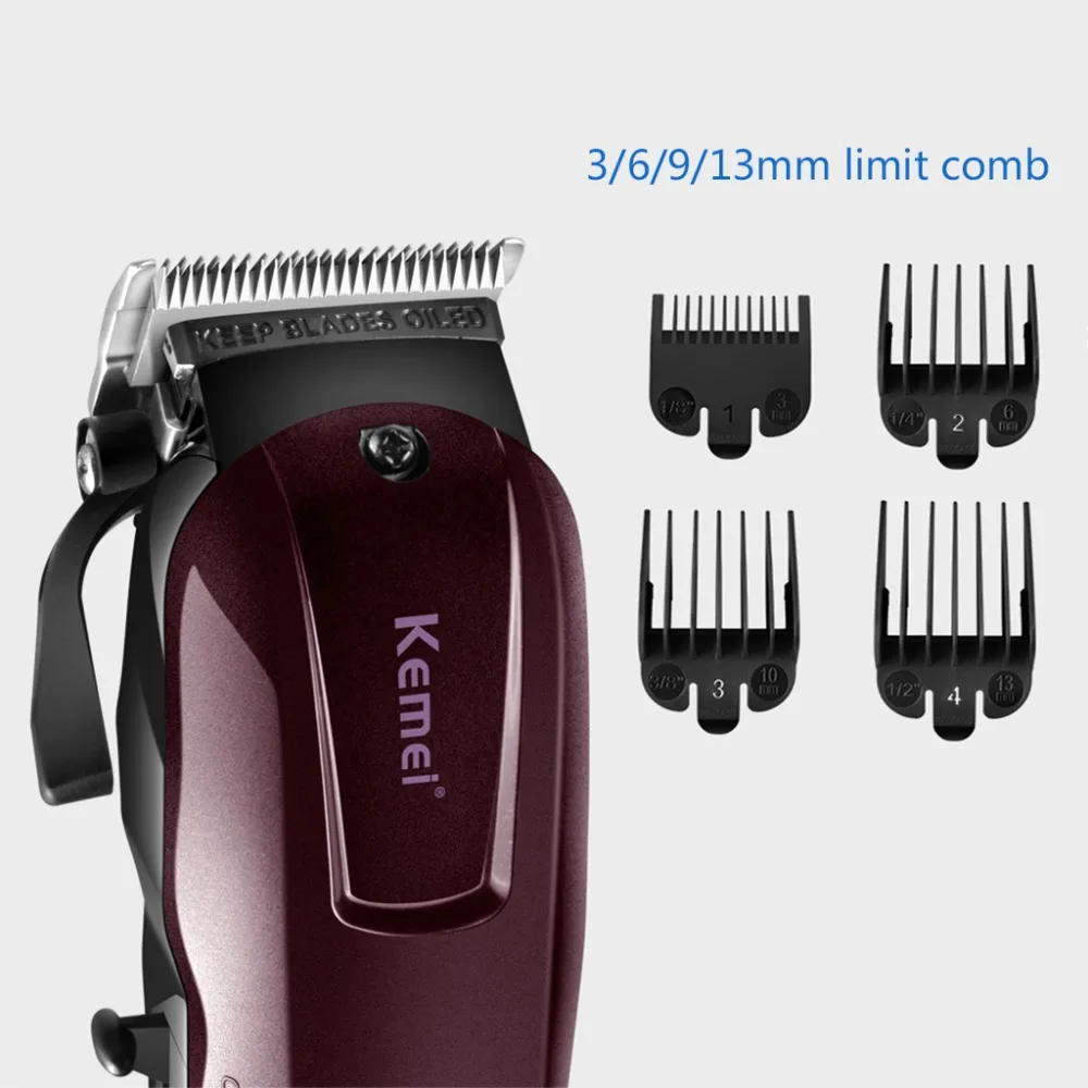 

Kemei Rechargeable Hair Clipper Trimmer With 13/10/6/3mm Guide Combs EU/US Plug for Men Shaver Electric Cutter Haircut Machine
