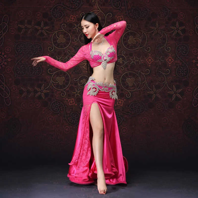 Fuchsia Высококачественная Женская Одежда для танцев, одежда для танца живота, костюмы для восточных танцев, костюм с бусинами для танца живота, комплект из 4 предметов(с курткой - Цвет: Fuchsia