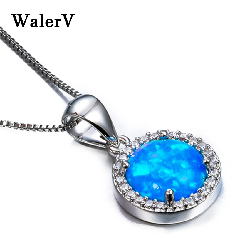 

WalerV New for Women Set Quality Zircon Circular Shape Imitation Blue Fire Opal Pendant Free Necklace Long 16 Inches Daily Gifts