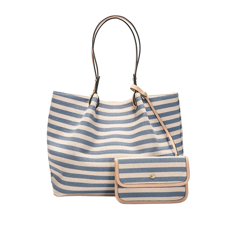 

2 Pcs/Set Women Bucket Bag Faux Leather Shoulder Bag Tote Stripe Handbag Clutch Gift
