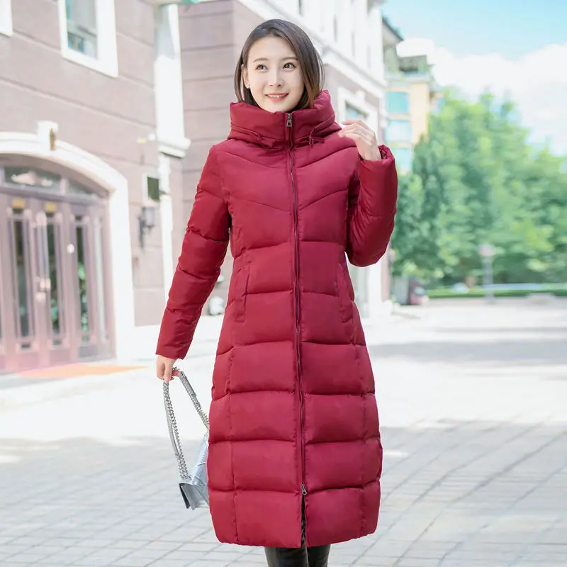 Wine Red High quality Stand Collar Hooded Coat women Winter slim waist Warm Thicken long parkas plus size Solid Padded Parka 4XL - Цвет: Wine Red