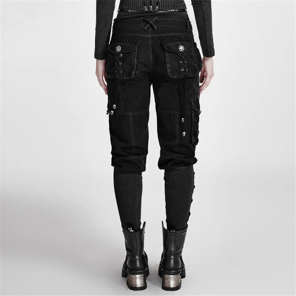 Noir Jambes Multiples Pantalon Hiver Travail De Roche Lacets Militaire Le Lin Vêtements En Punk Vrac Larges Femmes Style Casual À Capri Poches U5qwFfx