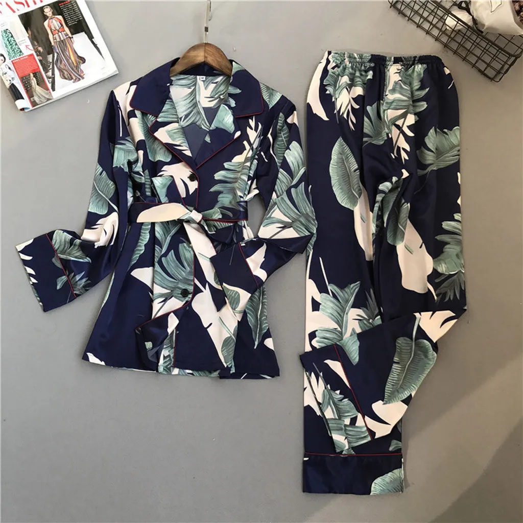 

Women Simulation Silk Print Pajamas Long-Sleeved Trousers Nightwear Set #7