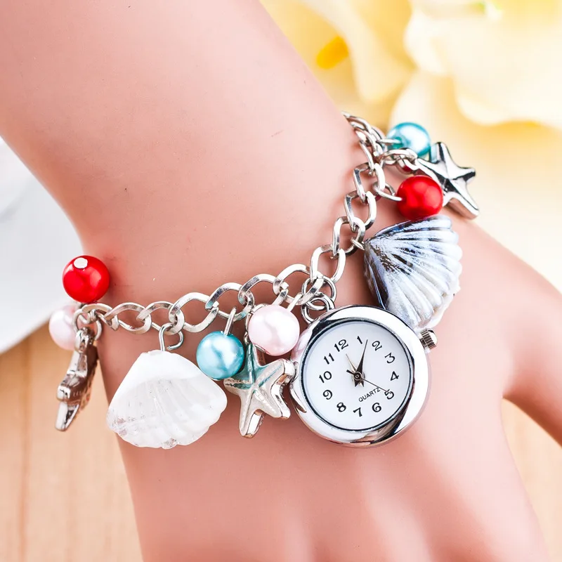 Женские кварцевые часы Reloj Mujer с жемчужным браслетом стильные в пляжном стиле