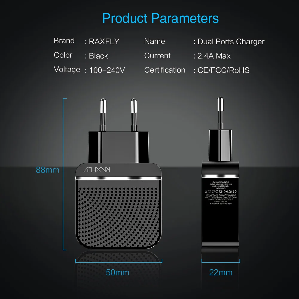 RAXFLY 2.4A USB зарядное устройство для телефона с двумя портами, быстрая зарядка, дорожное настенное зарядное устройство для iPhone, samsung, Xiaomi, аксессуары для телефонов