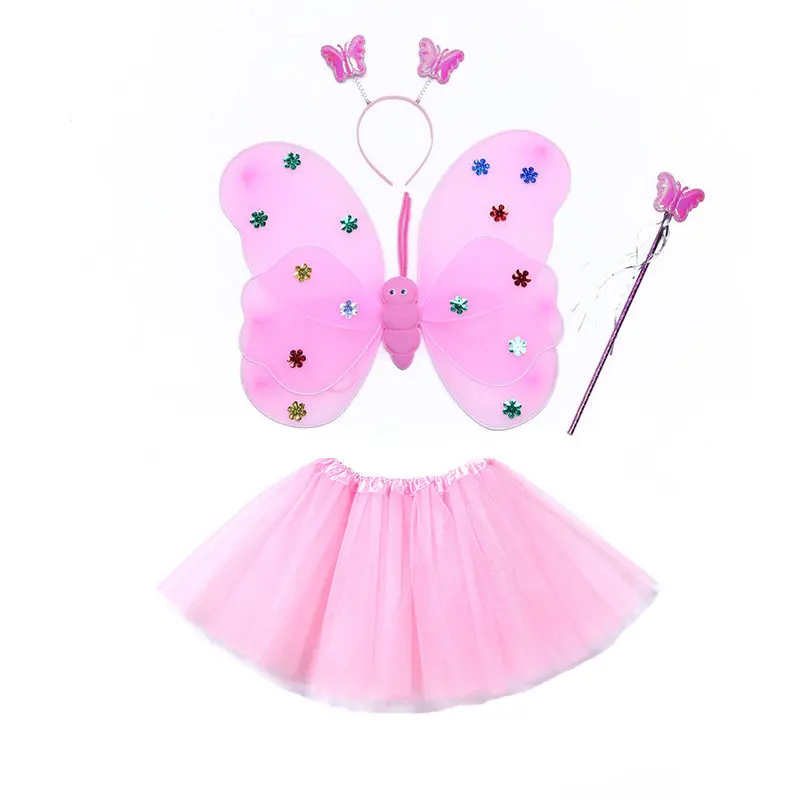 Комплект из 4 предметов для маленьких девочек Фея Бабочка костюм комплект с крыльями для бальных танцев юбка-пачка палочка и повязка на голову для девочек мини-юбка принцессы пачки