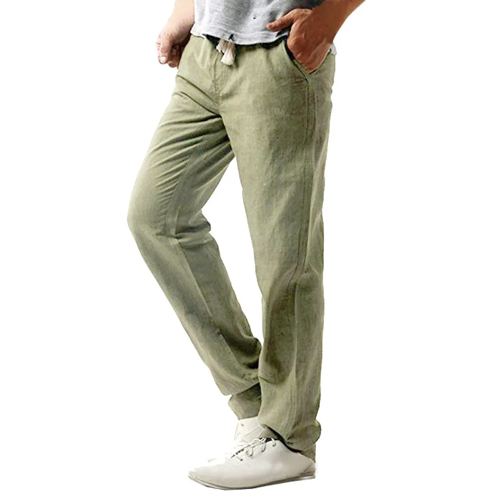 Летние мужские повседневные облегающие льняные брюки Strandhosen, одноцветные брюки, одноцветные дышащие брюки, большие размеры 0306 - Цвет: Army Green