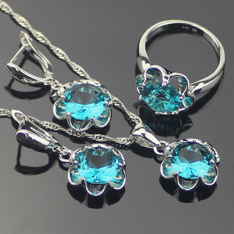 Blue Topaz 925-sterling-silver Bridal Jewelry Sets For Women Sliver Flower Pendant/Necklace/Earrings/Rings Free Gift Box