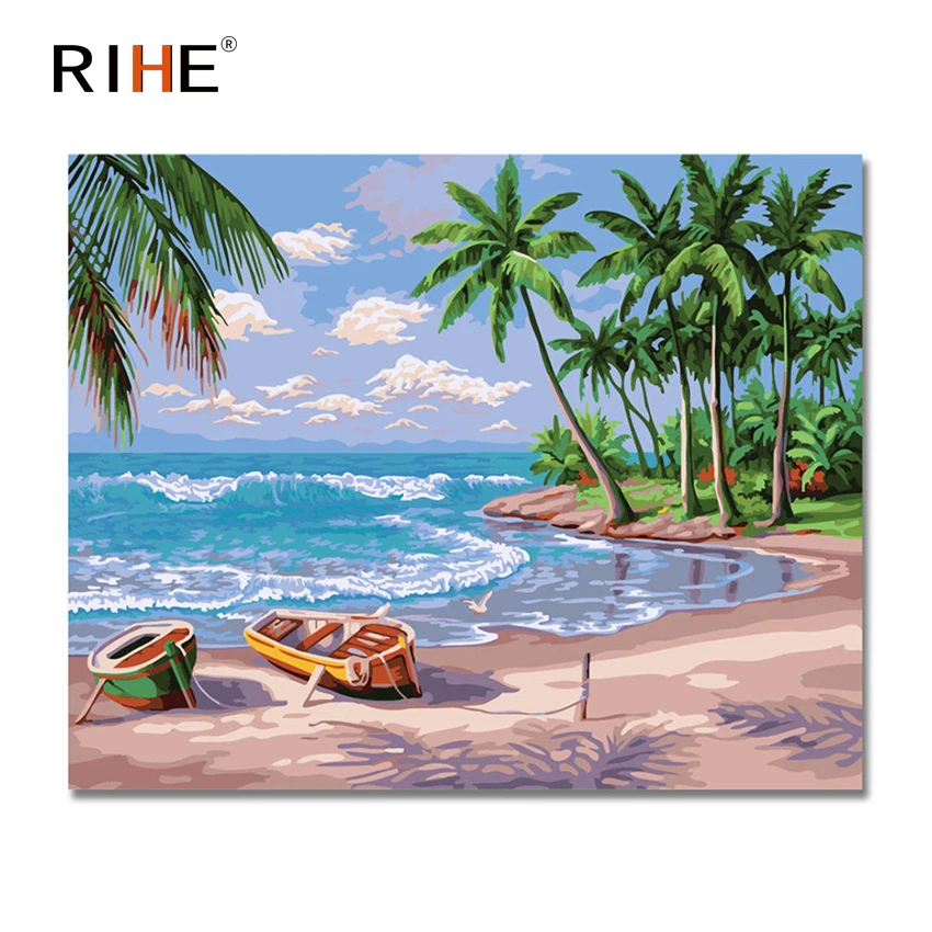

RIHE Beach Diy Painting By Numbers Landscape Oil Painting On Canvas Coconut Tree Cuadros Decoracion Acrylic Paint On Canvas 2018
