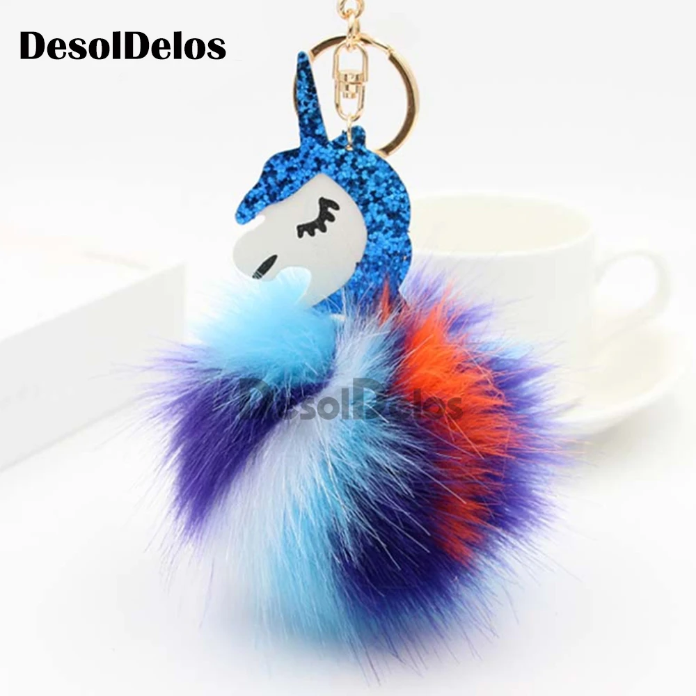 

Unicorn pompom Keychain Colorful Fake Rabbit fur ball Fluffy licorne Key Chain Horse porte clef Bag Car Keyring for Women