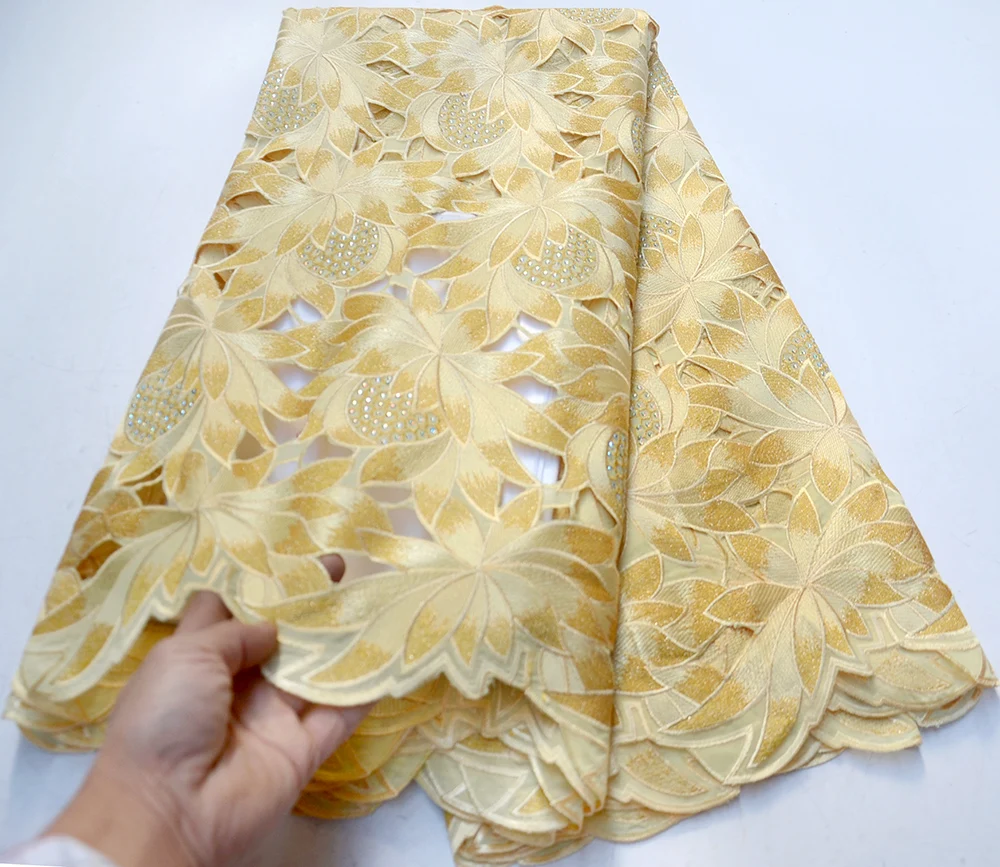 

Luxury African Fashion Beige Handcut Organza Lace African Swiss Lace Voile Fabric With Stones High Quality For Party