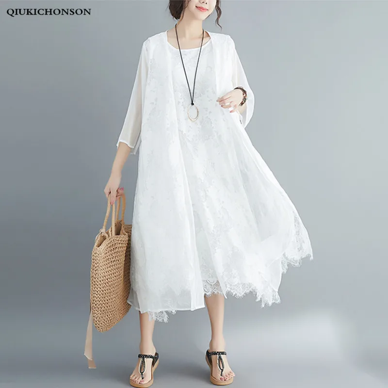 

Double Layered Silk Lace Cardigan Summer Seven Sleeve Long Kimono Tops Ladies Sun-proof Cover Ups Women Casual White Lace Shirts