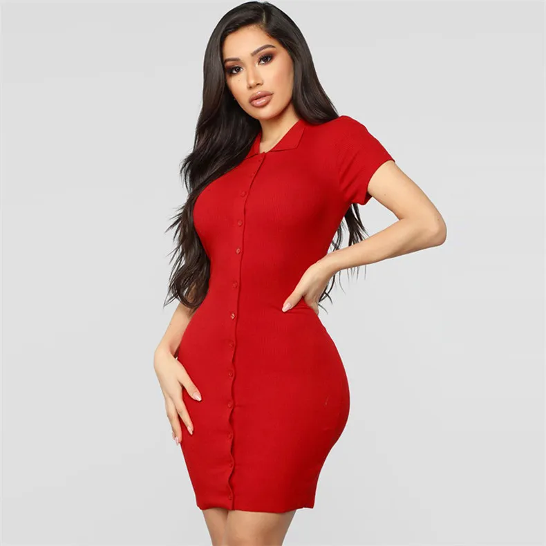 Forefair Short Sleeve Button Sexy Dress Summer Casual Short Knitted Turn Down Collar Red Black White Mini Bodycon Dress Women