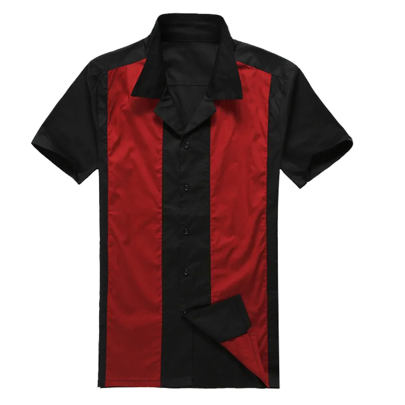 

Plus Size Men's 50s Male Clothing Short Sleeve Patchwork Rockabilly Style Casual Cotton Blouse Mens Bowling Dress Shirts